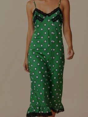 Jean Paul Gaultier Green & White Polkadot & Black Lace Midi Dress